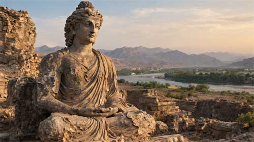Estatua antigua de Buda con rasgos helenísticos encontrada en ruinas de piedra en el valle del Indo
