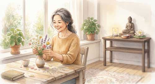 Escena cálida de una mujer realizando tareas domésticas simples con atención plena, luz natural suave, atmósfera serena y hogareña