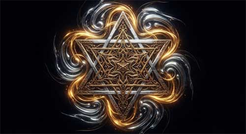 Diagrama simbólico abstracto que mezcla hexagramas del I Ching con símbolos alquímicos de sol y luna entrelazados, fondo oscuro y místico