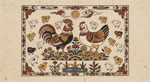 Pintura folclórica vietnamita Dong Ho mostrando una pareja de gallinas con polluelos, simbolizando la familia numerosa y la felicidad doméstica