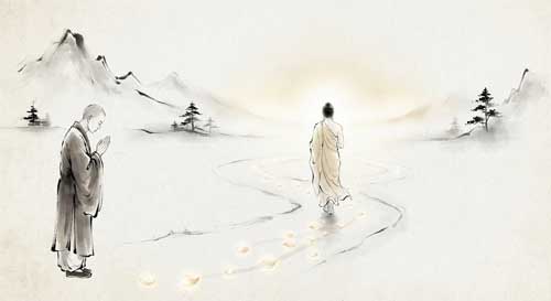 El Buda caminando serenamente de espuestas hacia un horizonte luminoso mientras Mahāmati observa con respeto desde la orilla