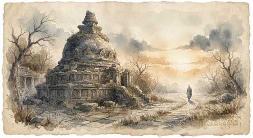 Ilustración melancólica pero digna de una antigua estupa en ruinas con siluetas de monjas desvaneciéndose en la niebla, simbolizando la pérdida histórica del linaje