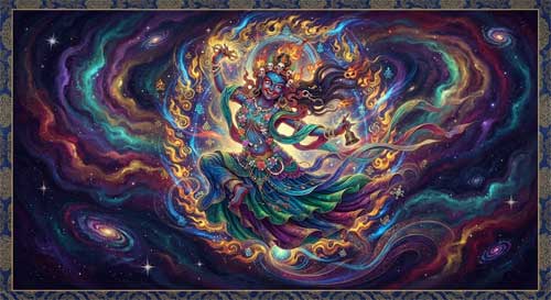 Representación artística de una dākinī danzante en un entorno cósmico, con colores vibrantes y energía dinámica, estilo thangka moderno