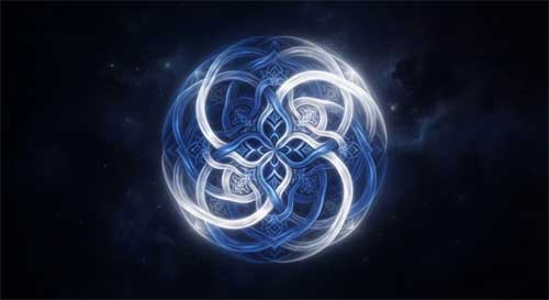 Representación artística abstracta de dos energías luminosas entrelazándose, una azul y otra blanca, formando un círculo perfecto sin figuras humanas explícitas