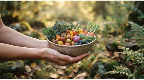 Un primer plano sereno de manos ofreciendo frutas frescas y verduras en un cuenco sencillo, con un fondo de naturaleza difuminado