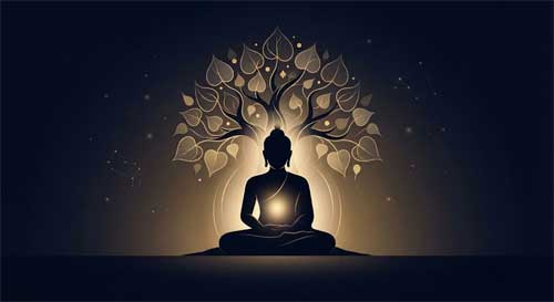 Silueta meditativa de Buda bajo el árbol Bodhi, simbolizando la superación de las tentaciones