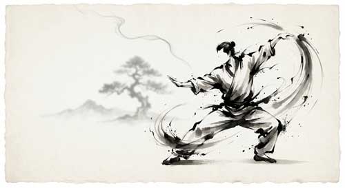 Silueta de un artista marcial ejecutando una forma con fluidez y precisión, en un entorno minimalista y zen