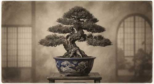 Bonsái histórico japonés del período de transición Edo-Meiji, estilo clásico con influencias emergentes modernas, representando obra de Gennosuke Yamada