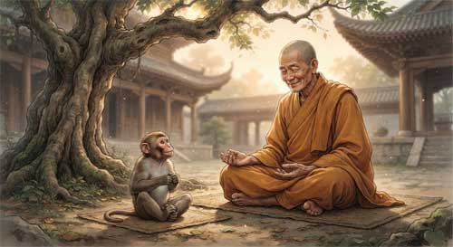 Monje budista sonriendo con serenidad mientras observa a un mono imitando sus gestos de meditación, entorno natural tranquilo