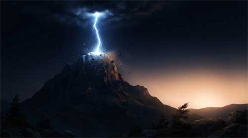 Un rayo brillante iluminando instantáneamente una montaña oscura, contrastando con la luz suave del amanecer que llega poco a poco