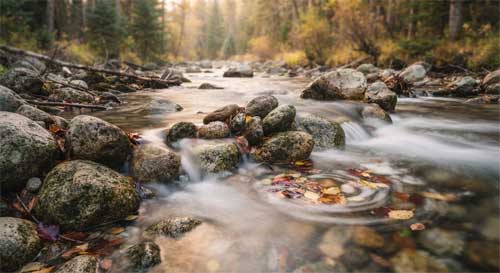 Un río de montaña con agua cristalina fluyendo sobre piedras lisas, capturado con larga exposición para mostrar el movimiento continuo