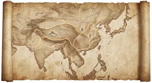 Un mapa estilizado de Asia con líneas de luz dorada conectando India, China, Corea, Japón y Tíbet, simbolizando la expansión del sutra