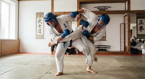 Dos practicantes de Kudo en combate con cascos protectores azules, ejecutando técnicas mixtas de golpeo y proyección en tatami tradicional