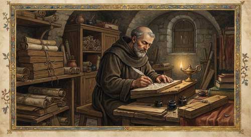 Manuscritos antiguos de hojas de palma siendo copiados por un escriba bajo la luz de una lámpara de aceite