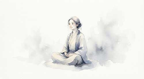 Persona sentada en meditación con una expresión serena, rodeada de niebla suave