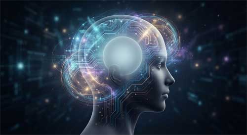 Red de conexiones digitales brillantes flotando alrededor de una cabeza humana en meditación