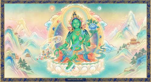 Representación artística de Tārā Verde emergiendo de un loto azul, con luz dorada suave, estilo tradicional tibetano adaptado a estética moderna