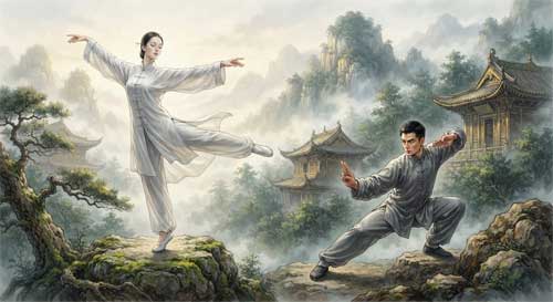 Paisaje de la montaña Emei con templos entre la niebla y dos siluetas de practicantes ejecutando formas de grulla y serpiente
