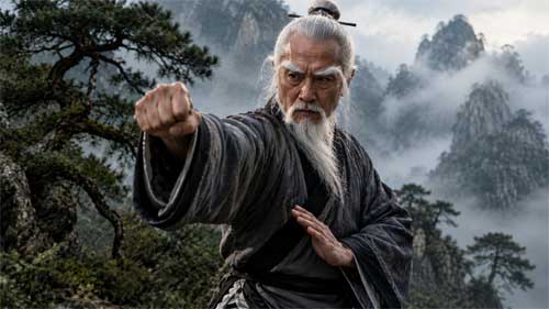 Maestro de Pak Mei en postura característica con cejas blancas prominentes, ejecutando técnica de golpe directo con expresión intensa, fondo de montaña neblinosa china