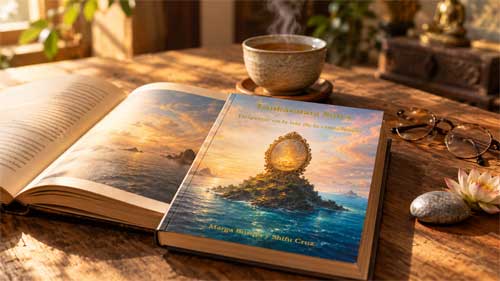 Portada del libro Lankavatara Sutra: Despertar en la isla de la consciencia, mostrando un gran espejo dorado sobre una isla rocosa en el mar