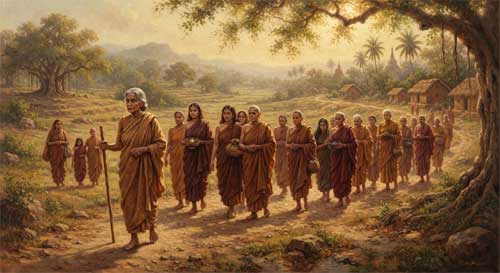 Representación artística de Mahāpajāpatī Gotami junto a un grupo de mujeres caminando descalzas hacia el Buda, estilo sereno y determinado
