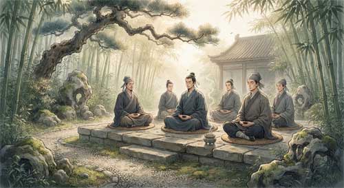 Monjes taoístas con túnicas grises meditando en un patio de templo tranquilo, arquitectura tradicional china al fondo, atmósfera de serenidad y disciplina