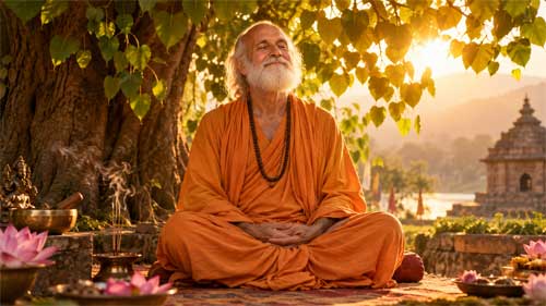 Retrato sereno de Ram Dass con túnica naranja, sentado en meditación bajo un árbol bodhi, irradiando paz y presencia consciente