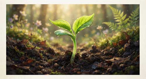 Ilustración de un árbol joven y verde brotando con fuerza hacia el cielo, con ramas flexibles moviéndose con el viento, simbolizando crecimiento y decisión