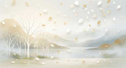 Ilustración artística de un paisaje otoñal con hojas blancas y doradas cayendo suavemente, simbolizando la quietud, la pureza y el desapego del Metal
