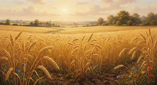 Ilustración de un campo fértil amarillo dorado bajo un sol suave, simbolizando la cosecha, la nutrición y la estabilidad central