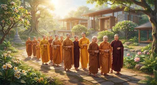 Grupo diverso de monjas budistas de diferentes países asiáticos sonriendo y caminando juntas con túnicas naranjas y marrones, símbolo de unidad y restauración