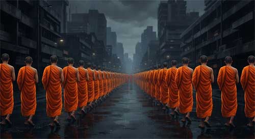 Multitud de monjes budistas con túnicas naranjas marchando en fila ordenada y serena, creando un río de color contra un fondo urbano gris