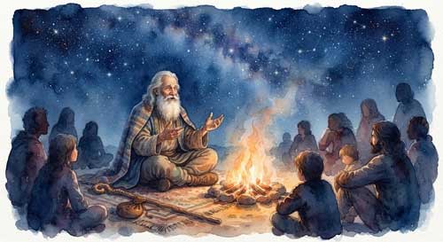 Escena nocturna con un narrador contando historias alrededor de una fogata bajo un cielo estrellado