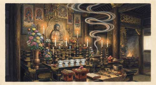 Ilustración de un altar esotérico japonés con flores, incienso y objetos rituales dispuestos con precisión geométrica