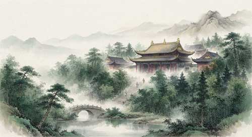 Vista panorámica del Templo Lingyin con sus tejados curvos dorados entre la niebla matutina y los árboles antiguos