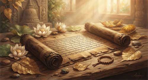 Manuscrito antiguo abierto con escritura pali, rodeado de flores de loto y una silueta meditativa suave, estilo artístico cálido y cultural