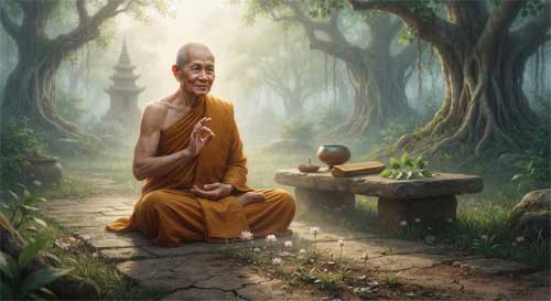 Retrato artístico de Thich Nhat Hanh caminando conscientemente entre ruinas o campos, con una flor de loto en la mano, transmitiendo paz en medio del conflicto