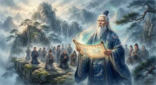 Ilustración de un maestro taoísta antiguo con vestimenta ceremonial sosteniendo un talismán brillante, rodeado de seguidores en un paisaje montañoso