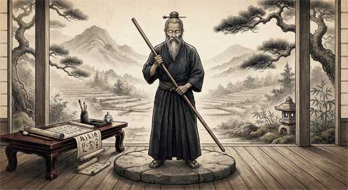 Retrato artístico de un maestro de artes marciales antiguo con vestimenta tradicional okinawense, sosteniendo un bastón bo, con un fondo de paisaje costero