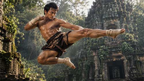 Tony Jaa ejecutando una patada voladora espectacular en un entorno de templo tailandés antiguo, demostrando agilidad y potencia