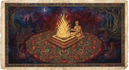 Representación artística de un fuego sacrificial védico con símbolos de unión masculina y femenida