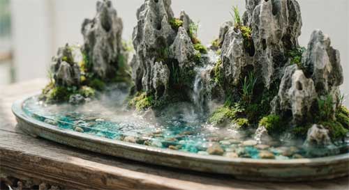 Penjing de agua y roca con formaciones kársticas dramáticas, agua cristalina reflejante y vegetación mínima que evoca montañas chinas tradicionales
