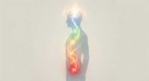 Silueta meditativa humana con tres centros de luz brillantes en el abdomen, corazón y cabeza, conectados por un canal luminoso vertical