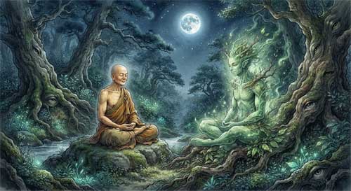 Representación artística de un Yaksha (espíritu de la naturaleza) con rasgos serenos escuchando atentamente a una figura monástica bajo la luz de la luna, estilo pintura tradicional asiática con tintas suaves