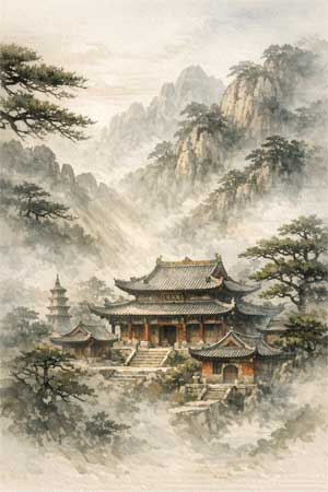 La raíz directa Templo Shaolin de Songshan envuelto en niebla